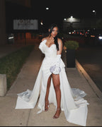Gorgeous Column Satin One Shoulder Sleeveless White Wedding Dress With Beading Split Train
