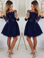 Gorgeous Dark Blue Sequins Short Prom Dresses with Sleeves