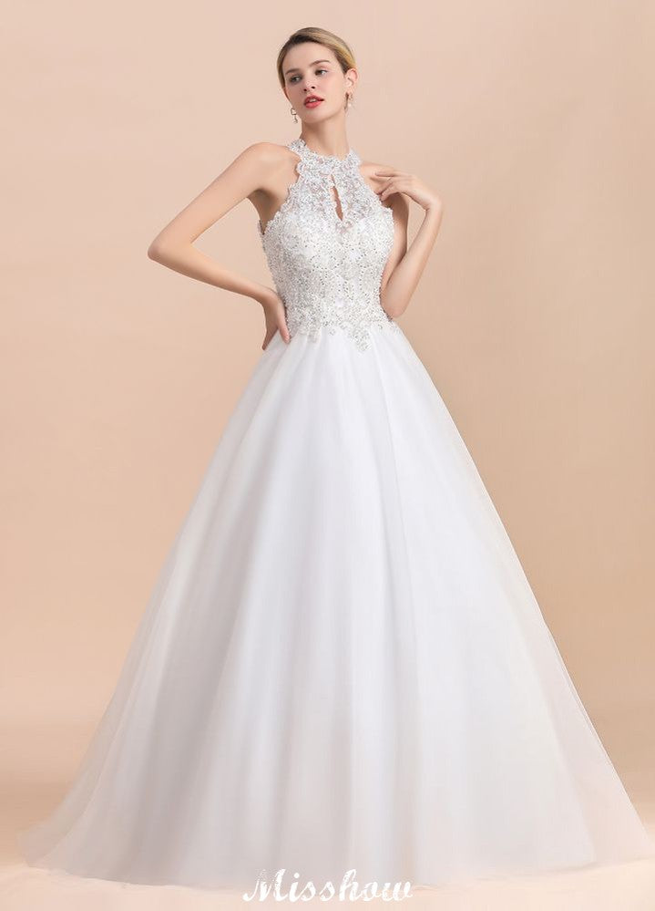 Gorgeous Halter Rhinstones Wedding Dress White Tulle Lace Appliques Aline Bridal Gown