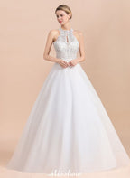 Gorgeous Halter Rhinstones Wedding Dress White Tulle Lace Appliques Aline Bridal Gown