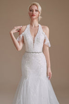 Gorgeous Halter Sleeveless Mermaid Floor-Length Tulle Wedding Dresses with Applique
