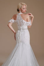 Gorgeous Halter Sleeveless Mermaid Floor-Length Tulle Wedding Dresses with Applique