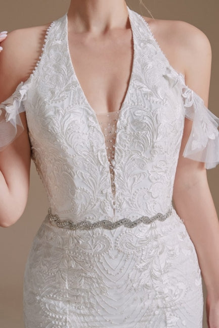 Gorgeous Halter Sleeveless Mermaid Floor-Length Tulle Wedding Dresses with Applique