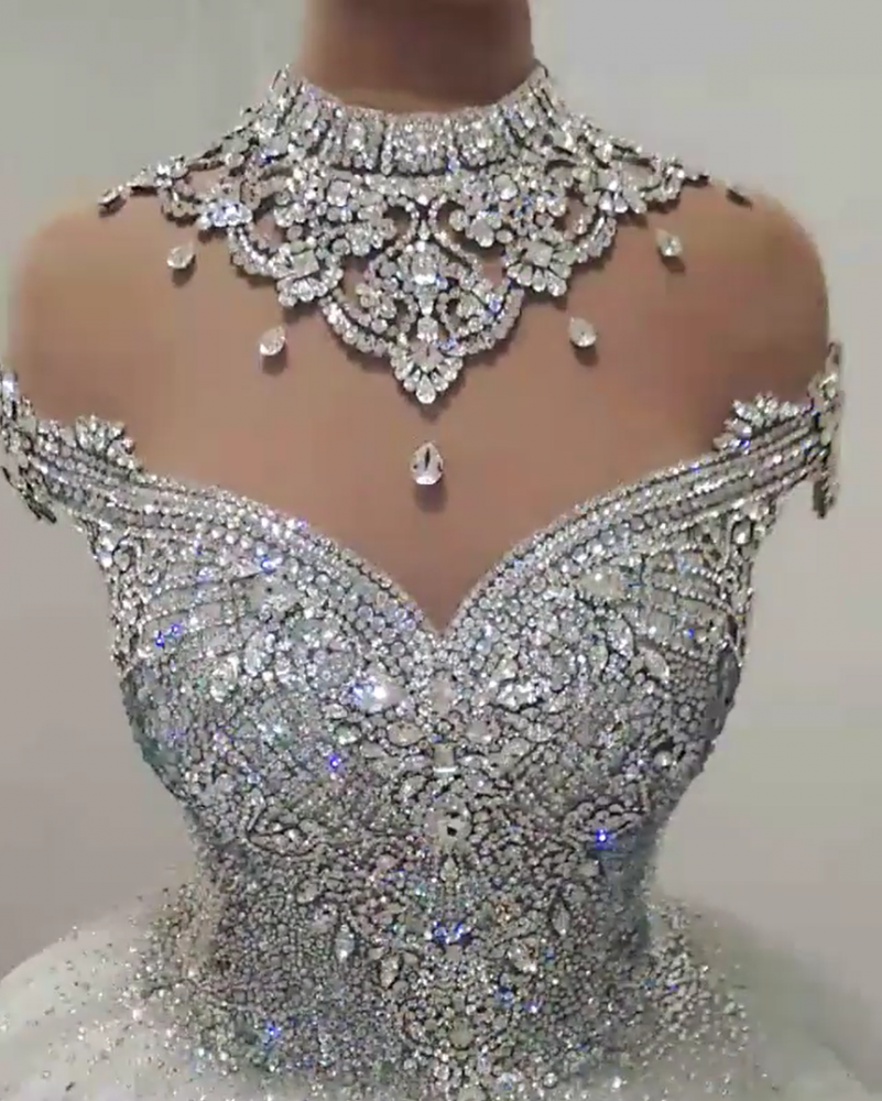 Gorgeous High Neck Crystal Beading Princess Wedding Dress