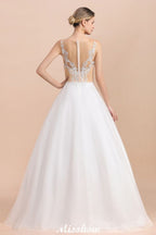 Gorgeous Illusion Neck Button Sleeveless White Ball Gown Wedding Dress