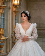Gorgeous Long A-Line V-neck Appliques Lace Wedding Dress with Sleeves