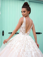 Gorgeous Long A-line V Neck Open Back Tulle Lace Graduation Prom Dresses