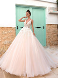 Gorgeous Long A-line V Neck Open Back Tulle Lace Graduation Prom Dresses