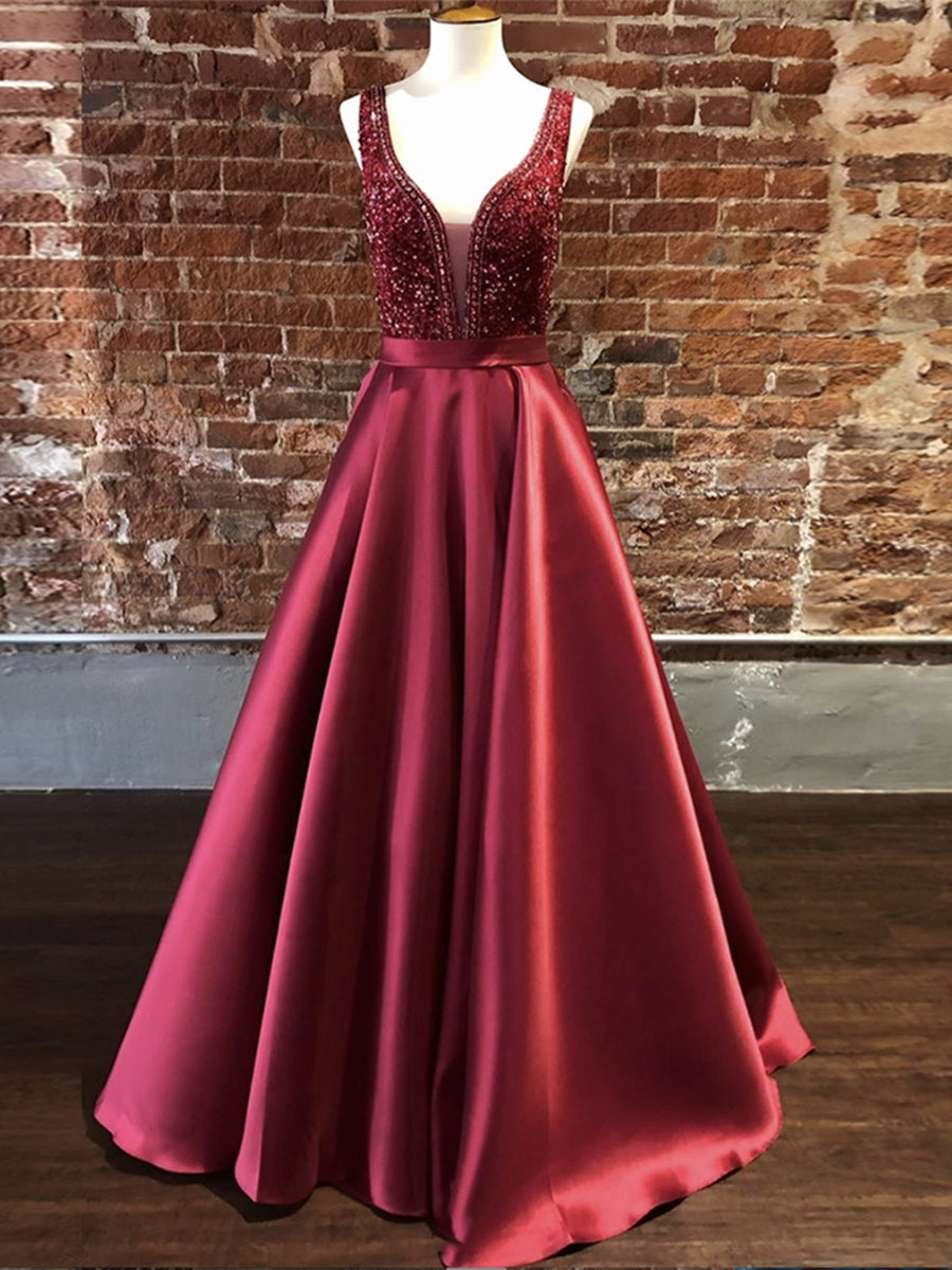 Gorgeous Long A-line V Neck Satin Graduation Prom Dresses with Beadings