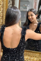 Gorgeous Long Black V-neck Split Sleeveless Mermaid Evening Dresses With Glitter