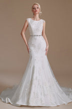 Gorgeous Long Mermaid Jewel Tulle Lace Wedding Dress