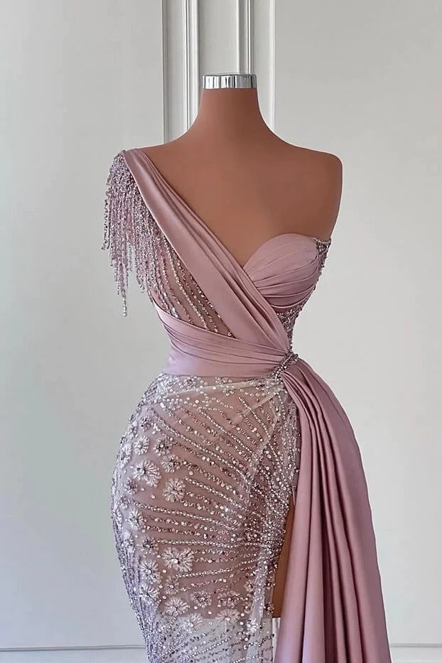Gorgeous Long Mermaid One Shoulder Satin Beading Formal Prom Dresses