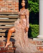Gorgeous Long Mermaid Pink One Shoulder Long Sleeve Prom Dress With Slit