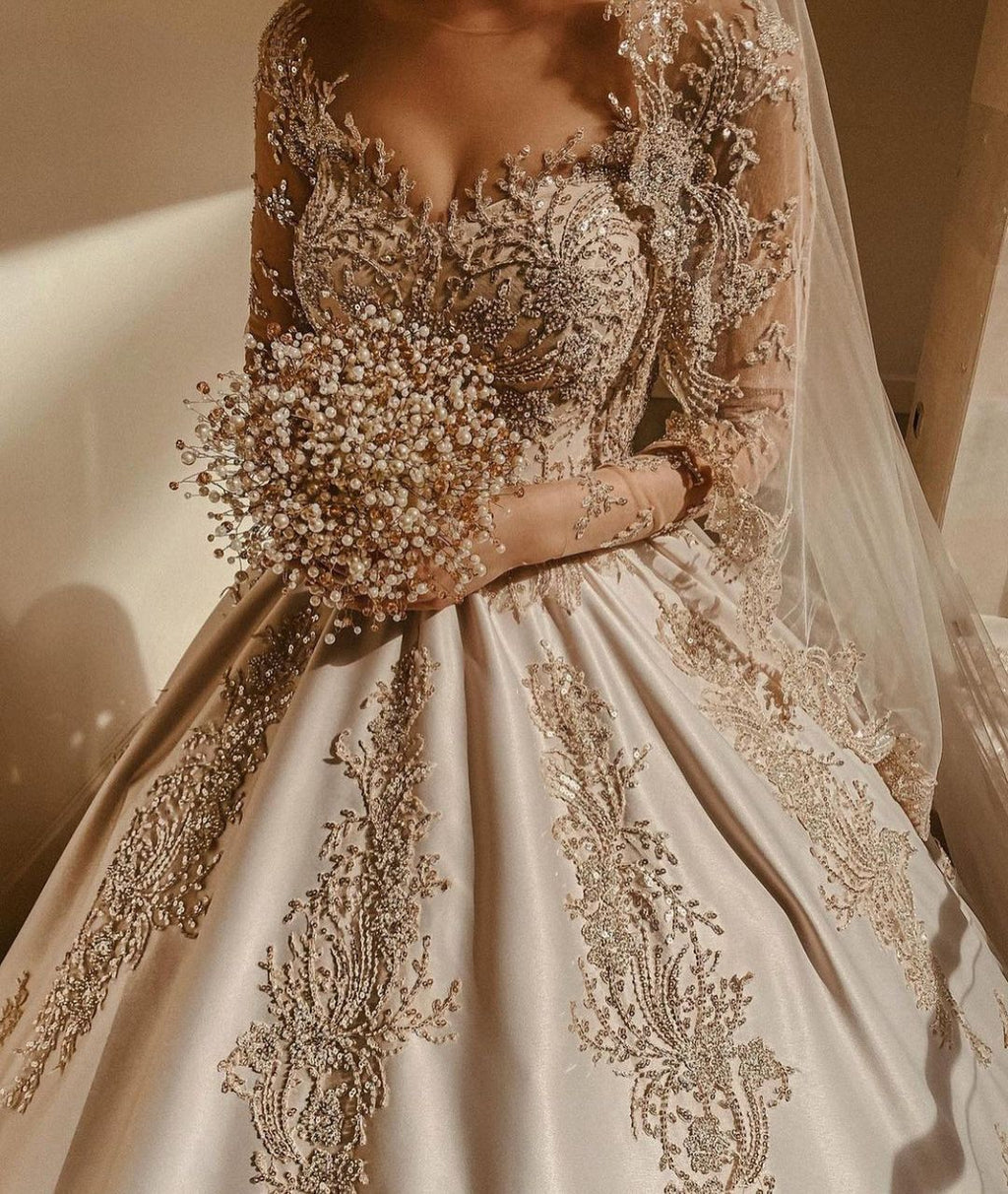 Gorgeous Long Princess Sweetheart Beading Pearl Satin Wedding Dress with Sleeves