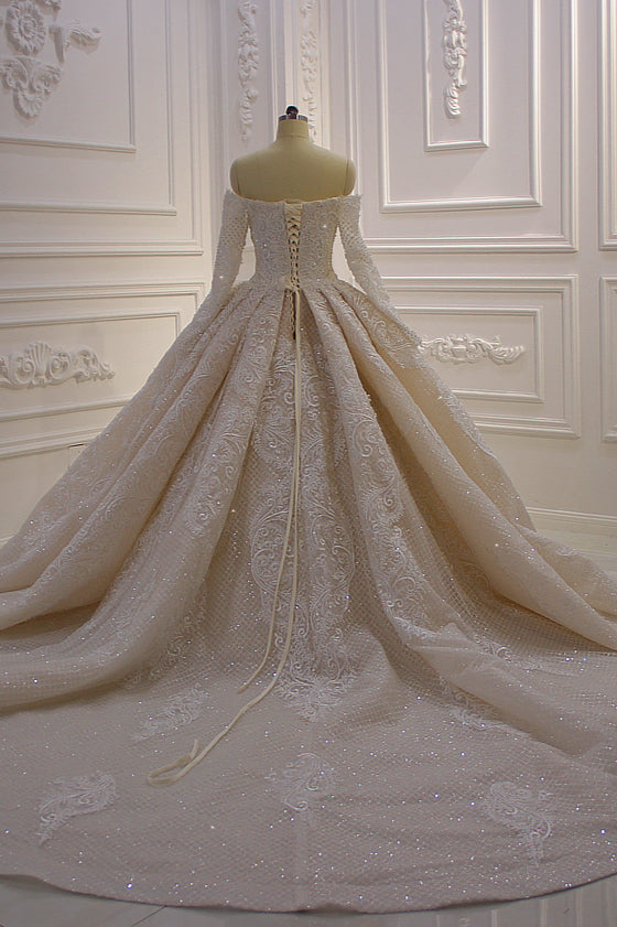 Gorgeous Long Sleeve Off the Shoulder Appliques Lace Ball Gown Wedding Dress
