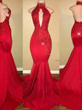 Gorgeous Mermaid Halter Sleeveless Applique Charmeuse Prom Dresses