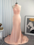 Gorgeous Mermaid Halter Sleeveless Satin Lace Prom Dresses