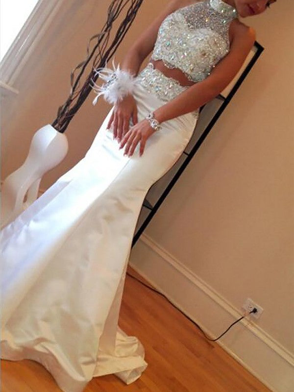 Gorgeous Mermaid High Neck Sleeveless Satin Beading Two Piece Prom Dresses
