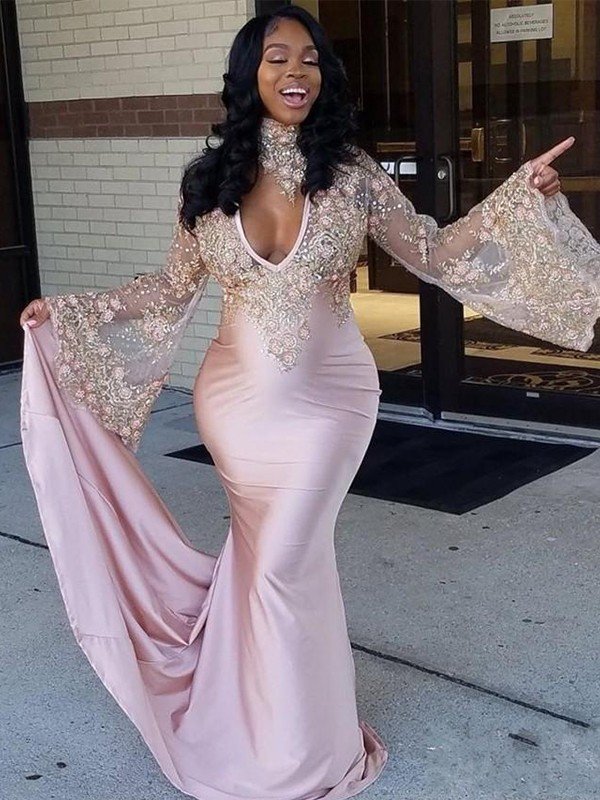 Gorgeous Mermaid Long Sleeves High Neck Chapel Train Applique Silk Like Satin Prom Dresses