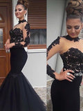 Gorgeous Mermaid Long Sleeves High Neck Floor-Length Applique Tulle Prom Dresses