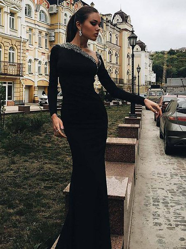 Gorgeous Mermaid Long Sleeves One-Shoulder Spandex Beading Prom Dresses