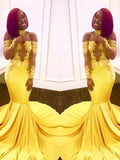 Gorgeous Mermaid Off-the-Shoulder Long Sleeves Applique Elastic Woven Satin Prom Dresses