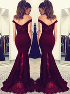 Gorgeous Mermaid Off-the-Shoulder Sleeveless Lace Elastic Woven Satin Prom Dresses