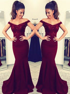 Gorgeous Mermaid Off-the-Shoulder Sleeveless Lace Elastic Woven Satin Prom Dresses