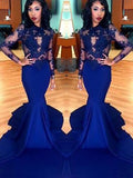 Gorgeous Mermaid Scoop Lace Elastic Woven Satin Long Sleeves Prom Dresses