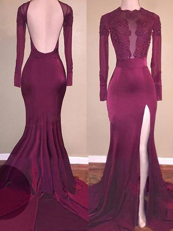 Gorgeous Mermaid Scoop Satin Long Sleeves Applique Prom Dresses