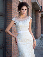 Gorgeous Mermaid Sheer Neck Applique Short Sleeves Long Net Prom Dresses