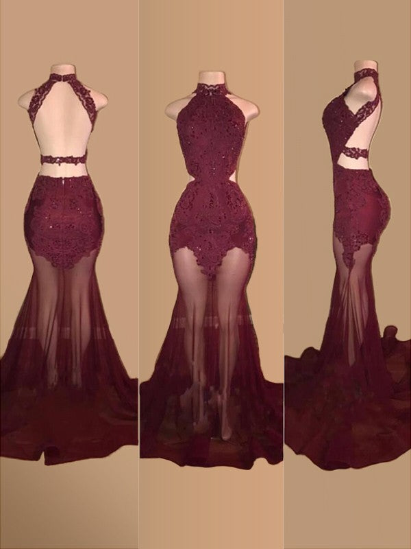Gorgeous Mermaid Sleeveless Halter Court Train Tulle Applique Prom Dresses