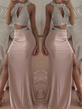 Gorgeous Mermaid Sleeveless Halter Floor-Length Beading Chiffon Two Piece Prom Dresses