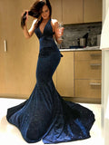 Gorgeous Mermaid Sleeveless Halter Ruffles Sequins Prom Dresses