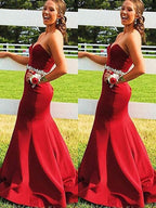 Gorgeous Mermaid Sleeveless Sweetheart Satin Beading Prom Dresses