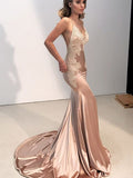 Gorgeous Mermaid Straps V-neck Sleeveless Applique Silk like Satin Prom Dresses