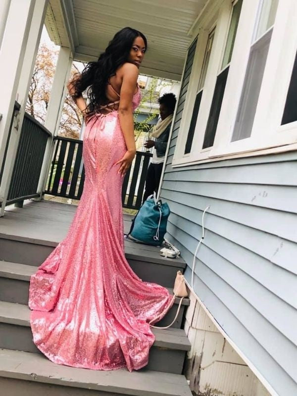 Gorgeous Mermaid V-neck Sleeveless Sequins Ruffles Prom Dresses