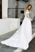 Gorgeous Off the Shoulder White aline Bridal Gown Garden Lace Appliques Wedding Dress