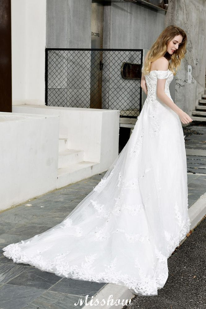 Gorgeous Off the Shoulder White aline Bridal Gown Garden Lace Appliques Wedding Dress