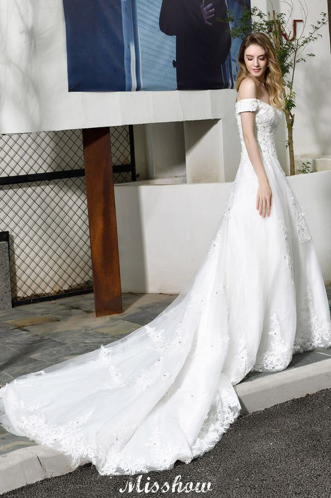 Gorgeous Off the Shoulder White aline Bridal Gown Garden Lace Appliques Wedding Dress