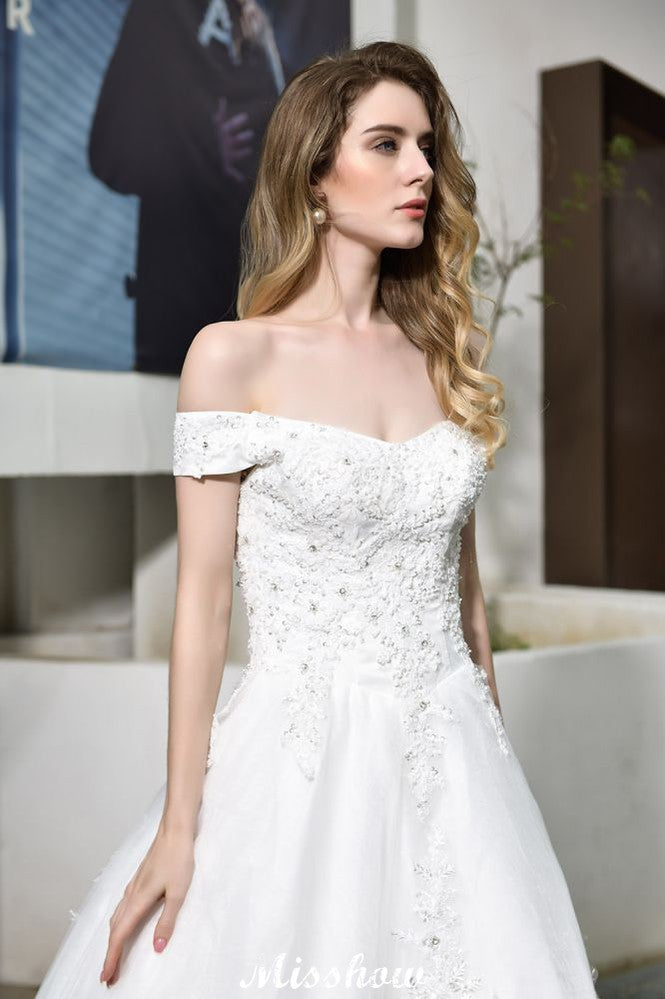 Gorgeous Off the Shoulder White aline Bridal Gown Garden Lace Appliques Wedding Dress