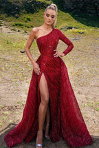 Gorgeous Red Beading One Shoulder Long A-line Prom Dress With Slit