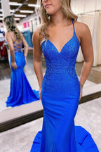 Gorgeous Royal Blue Long Mermaid Spaghetti Straps V-neck Prom Dress