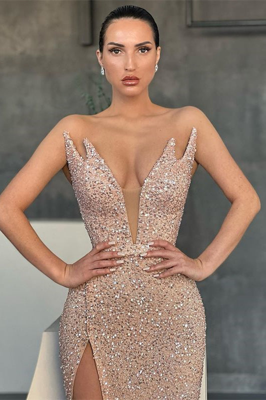 Gorgeous V-neck Sleeveless Long Mermaid Prom Dress With Slit