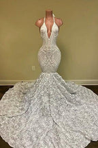 Gorgeous White V-Neck Sleeveless Prom Dress Mermaid Lace Bottom Flowers