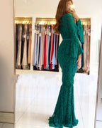 Green Mermaid Sweetheart Lace Long Prom Dresses with Sleeves
