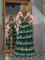 Roycebridal Green Princess A Line Off the Shoulder Corset Prom Dress with Lace Ruffles