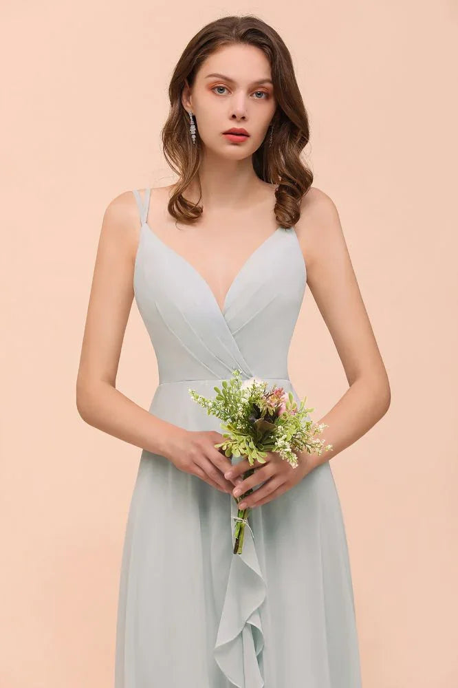Grey Bridesmaid Dress Spaghetti V-Neck Ruffle Beach Wedding Party Dress