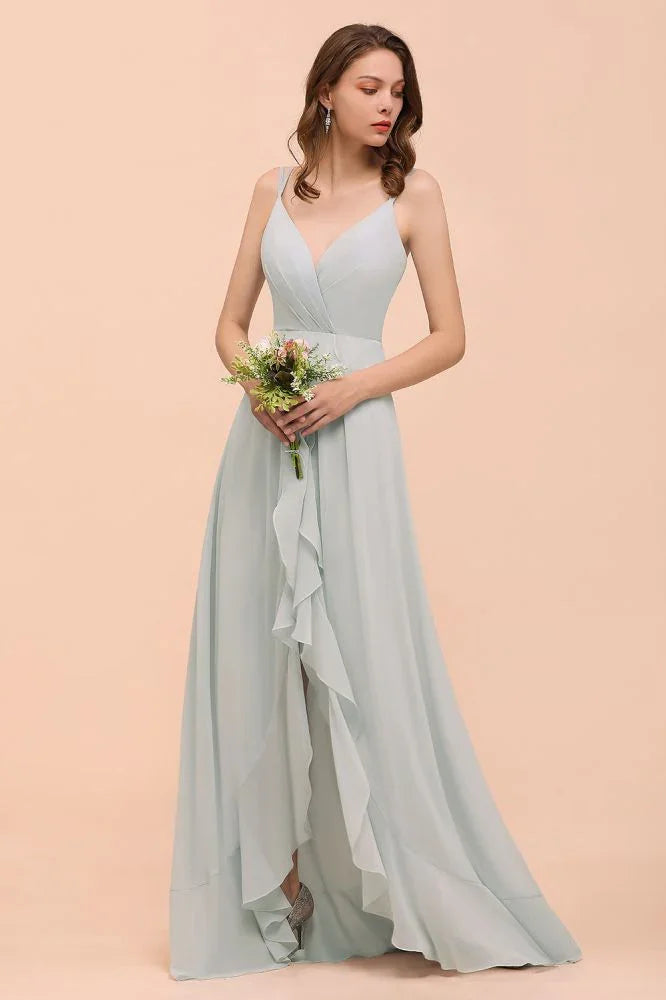 Grey Bridesmaid Dress Spaghetti V-Neck Ruffle Beach Wedding Party Dress