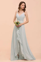 Grey Bridesmaid Dress Spaghetti V-Neck Ruffle Beach Wedding Party Dress